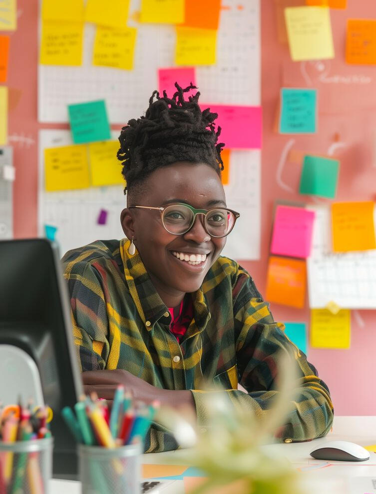 Person Smiling at Desk Person Smiling a Desk with bunch of post-it notes behind them.